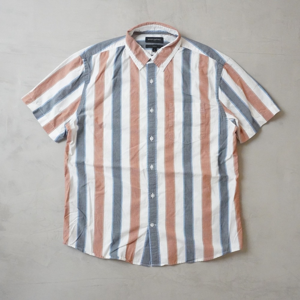 Banana Republic Mens Slim Fit Short Sleeve Striped Button Front Shirt Large 8219